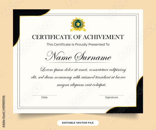 Elegant certificate template with vintage floral ornaments. Simple vintage style certificate decoration and frame design. Certificate of achievement  diploma design with block color.