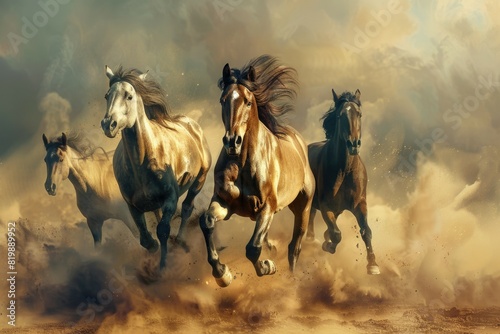 A dynamic image of horses running across a dirt field. Suitable for various outdoor and sports themes