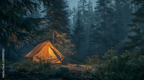 A cozy tent illuminated from within, nestled in a dense forest with a backdrop of towering pine trees.