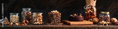 chocolate cake with dried fruits and his ingredients displayed in jars, banner in dark tones