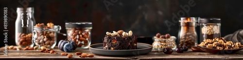 chocolate cake with dried fruits and his ingredients displayed in jars  banner in dark tones