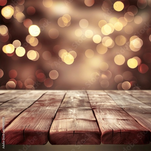 wooden table with bokeh lights