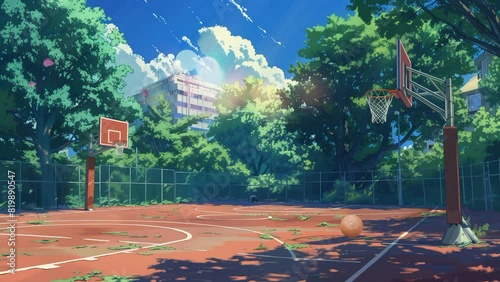 This basketball court faces the hot sun. The shadows of the trees around the field lengthened and swayed gently. seamless looping time lapse animation video background photo