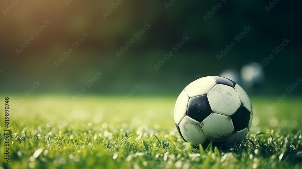 Fototapeta premium Football on green turf, sports enthusiasm, close up, focus on the laces, theme of teamwork, dynamic, blend mode, backdrop of field grass