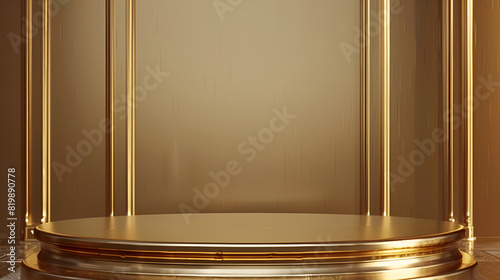 Golden podium on golden background, 3d rendering, Abstract minimal scene with golden podium. Award ceremony concept, Background elegant studio gold pedestal podium presentation cloth backdrop design