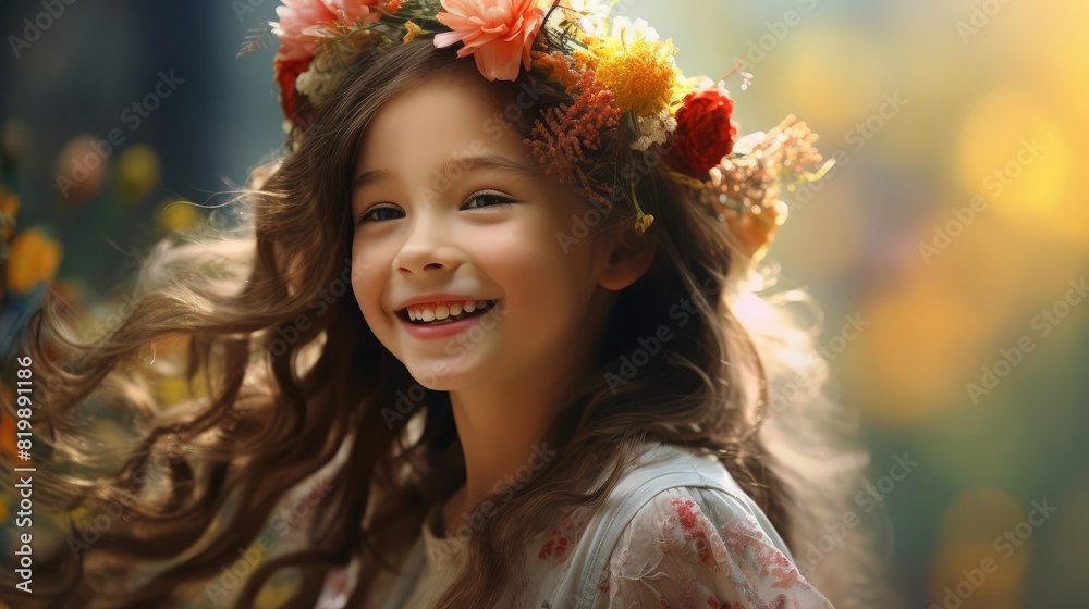 Happy girl wearing a floral wreath, selective focus, pure joy, ethereal, Fusion, colorful setting backdrop Happy girl wearing a floral wreath, selective focus, pure joy, ethereal, Fusion, colorful setting backdrop