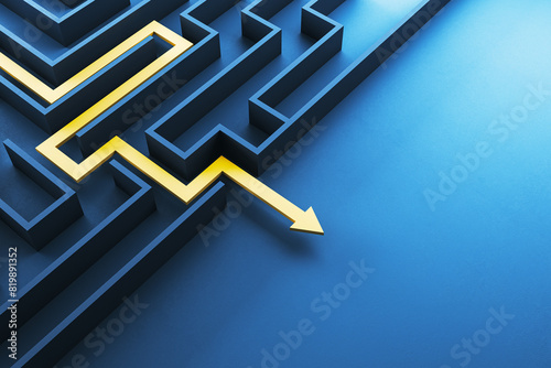 Tableau sur toile A yellow arrow navigating through a blue maze, symbolizing problem-solving, on a blue background