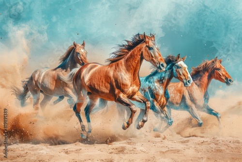 A group of horses running on the sandy beach, suitable for travel or nature themes