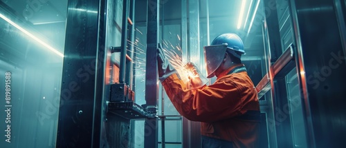 A welder works on an elevator