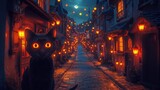 A cat with glowing eyes is walking down a cobblestone street, AI