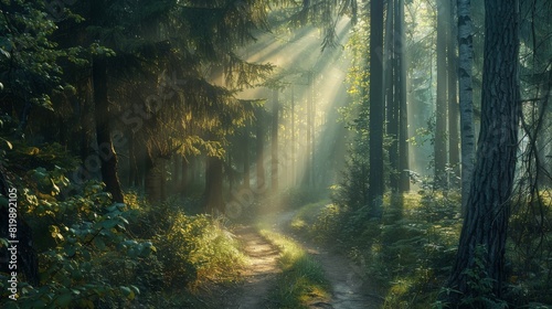 A trail winding through a dense forest, with sunlight streaming through the trees and creating a magical atmosphere.