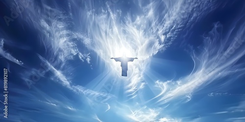 Jesus Christ with open arms in the sky symbolizing love and salvation. Concept Religious Symbolism, Jesus Christ, Love and Salvation, Open Arms, Sky