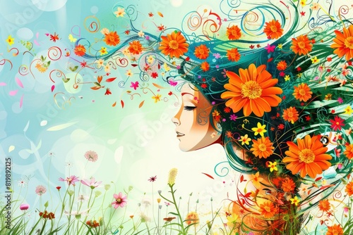 A woman with long hair and flowers in her hair. Suitable for beauty and fashion concepts