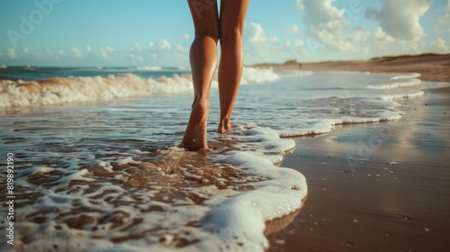 A woman walking barefoot on the sand  with flip-flops in hand and the waves gently rolling in.