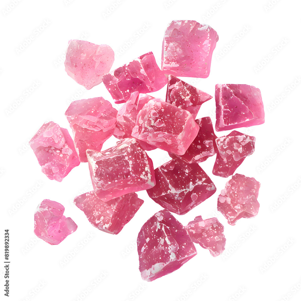 Top view pink crystals scattered isolated on transparent background Top view pink crystals scattered isolated on transparent background