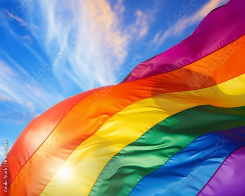 Pride flag in the wind, freedom and acceptance, close up, focus on the word PRIDE, theme of empowerment, dynamic, Multilayer, backdrop of sunny sky