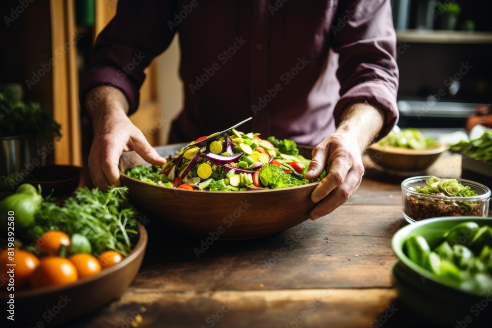 Chef Preparing Fresh Salad in Cozy Kitchen During Daytime Chef Preparing Fresh Salad in Cozy Kitchen During Daytime