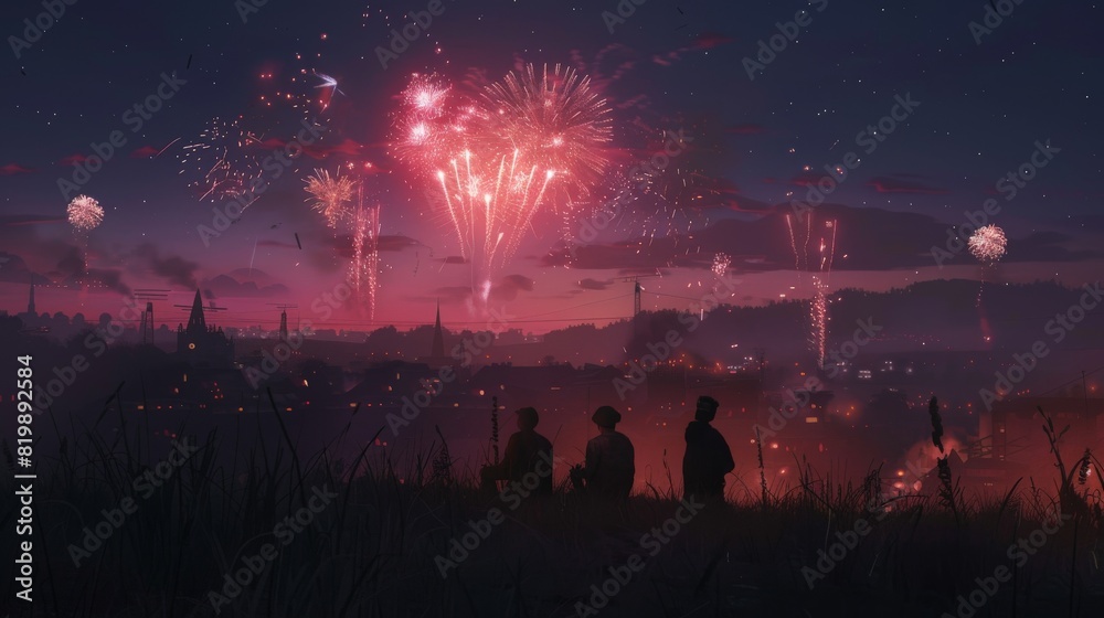 Obraz premium Fireworks lighting up the night sky over a small town, with silhouetted people watching from a grassy field.