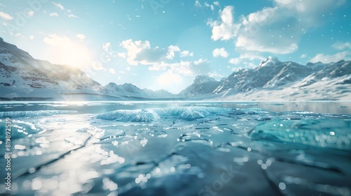 Ultra-Detailed Winter Landscape: Azure Sky and Sunlit Ice on Crystal-Clear Lakes with Majestic Mountains in the Background