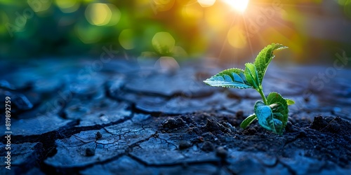 Sprouting shoots in cracked land symbolize hope in the battle against climate change. Concept Climate Change, Hope, Symbolism, Sprouting shoots, Environmental Conservation