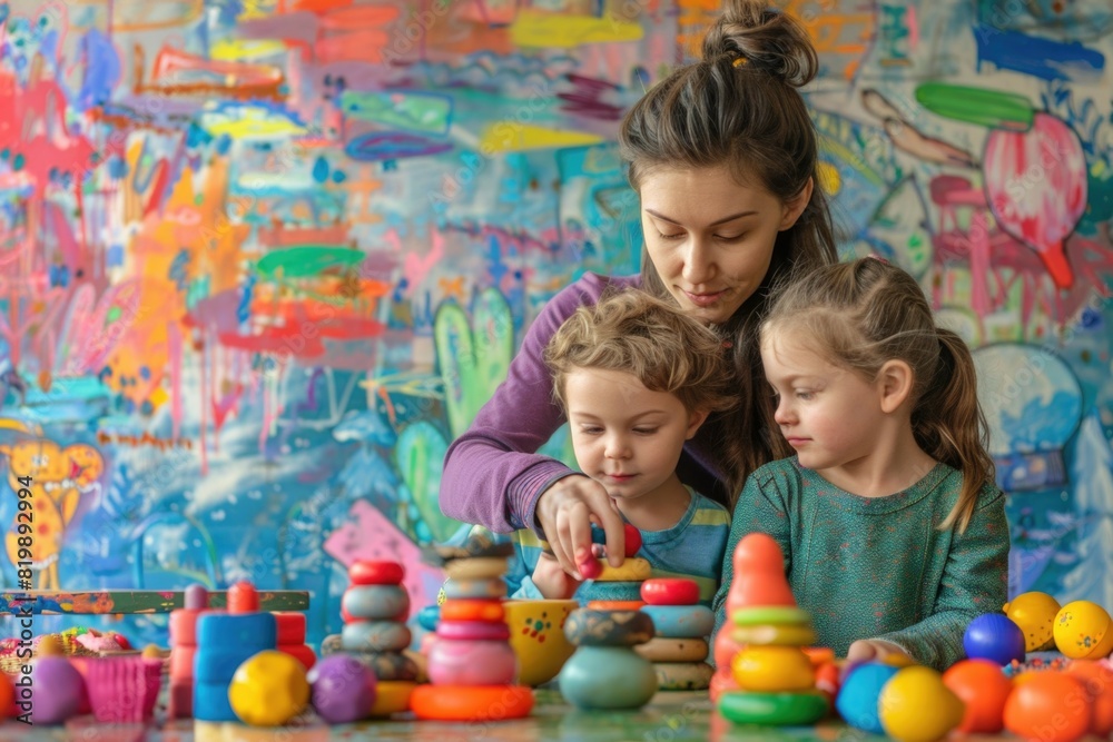 Obraz premium A woman and two children happily playing with toys. Ideal for family and childcare concepts