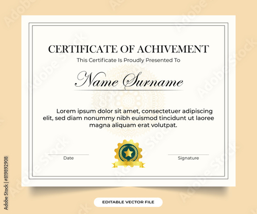 Academic course and diploma certificate design with vintage frame elements. Modern credential and honor certificate design with white and golden colors. Business Achievement appreciation paper
