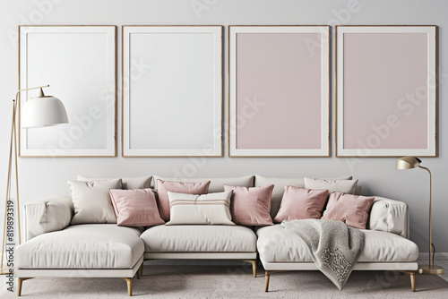 Four blank horizontal poster frames in a Scandinavian style living room with a soft pink and white theme. Frames are staggered above a modern sofa and next to a floor lamp. photo