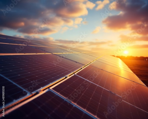 Sunlit solar array  renewable energy  close up  focus on the surface  theme of efficiency  ethereal  blend mode  backdrop of twilight sky