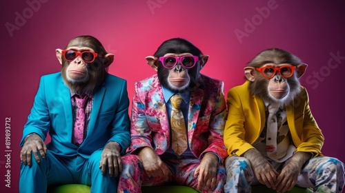 Trio of dressedup monkeys in funky outfits, copy space, humorous concept, surreal, Double exposure, colorful setting backdrop photo