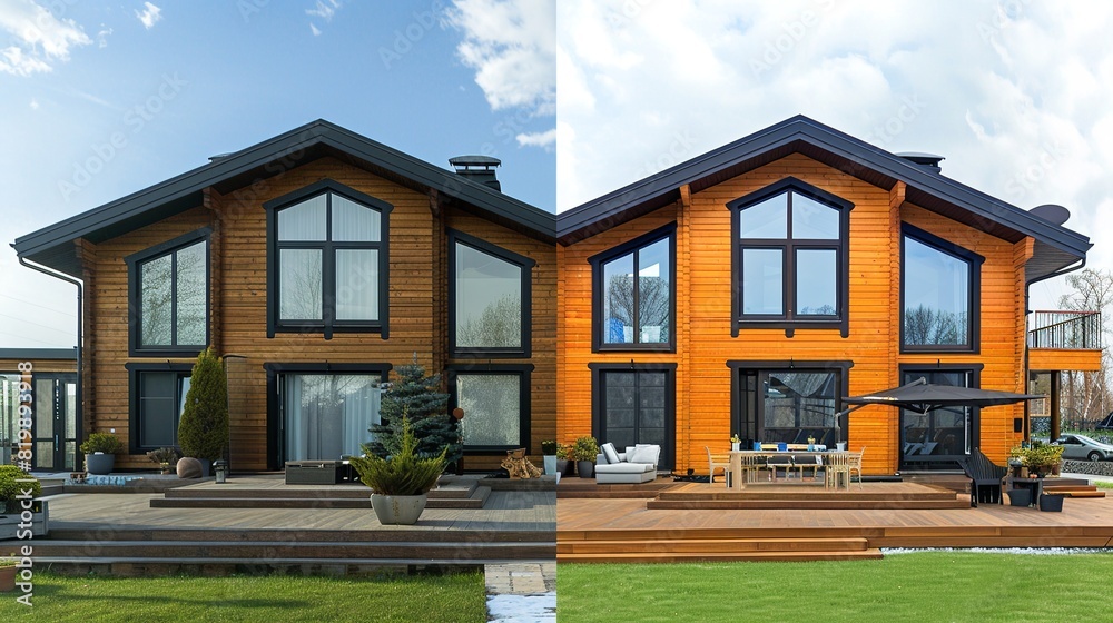 two photos of the same modern wooden house in one picture before and after the painting renovation