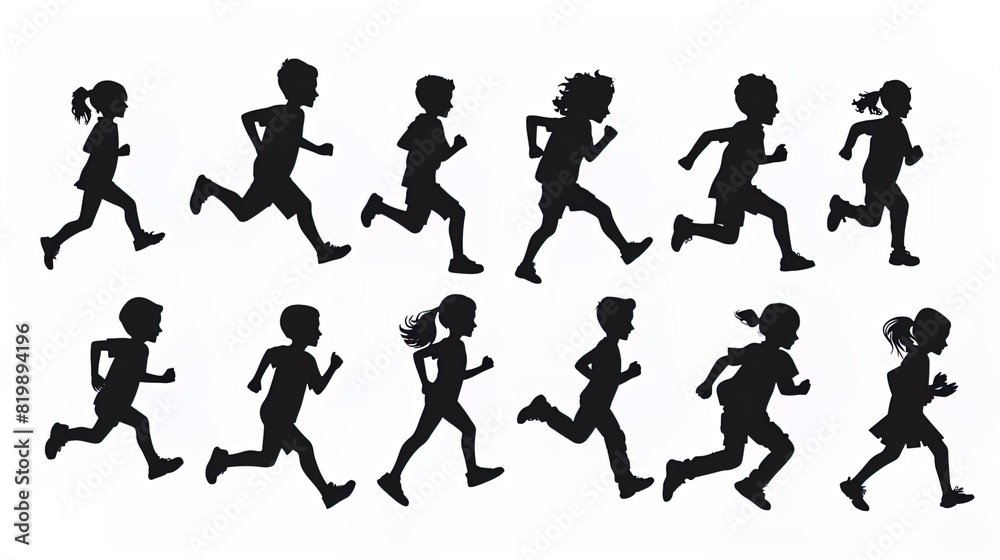 silhouettes of city kids running and playing, various activities