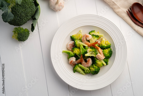 Stir Fried Broccoli with Shrimp in white plate.Healthy menu.Top view.