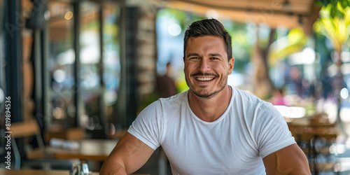 A handsome man smiling with a muscular body wearing a white t-shirt on a restaurant terrace, holding his hands behind his head. photo