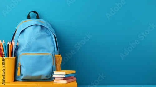 Backpack with notebooks and pens against a blue background, copy space, education theme, dynamic, Silhouette, school hallway backdrop photo
