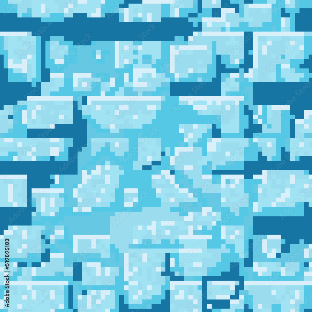 Vector snow, ice and water pixel blocks background pattern. Retro console game level cubic pixel texture. Computer 8 bit 80s arcade Vector snow, ice and water pixel blocks background pattern. Retro console game level cubic pixel texture. Computer 8 bit 80s arcade