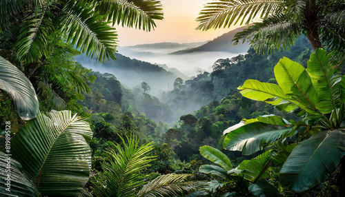 Tropical leaves around as frame with view on tropical forest photo