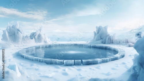 Circular ice stage, winter wonderland, selective focus, theme of tranquility, vibrant, Composite, backdrop of icy landscape