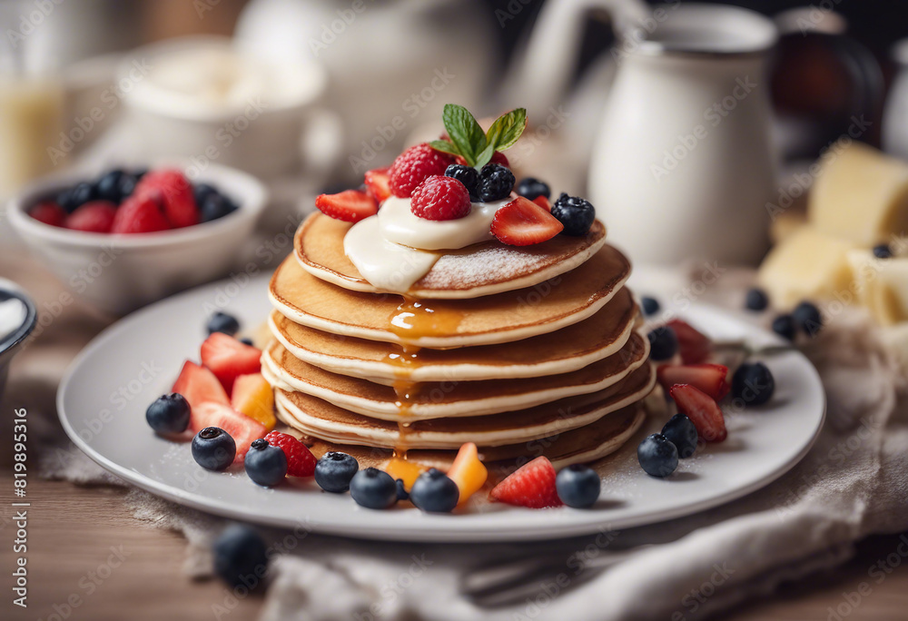 delicious home made pancake with cream and fruits at kitchen
delicious home made pancake with cream and fruits at kitchen