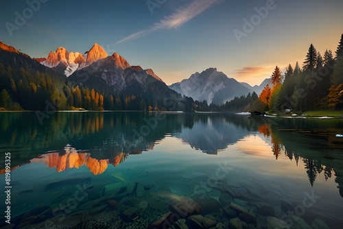 Calm morning view of Fusine lake. Colorful summer sunrise in Julian Alps with Mangart peak on background, Province of Udine, Italy, Europe. Beauty of nature concept background. Generative AI  photo