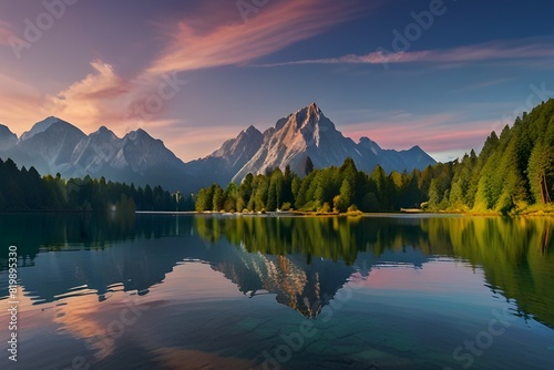 Calm morning view of Fusine lake. Colorful summer sunrise in Julian Alps with Mangart peak on background, Province of Udine, Italy, Europe. Beauty of nature concept background. Generative AI  photo