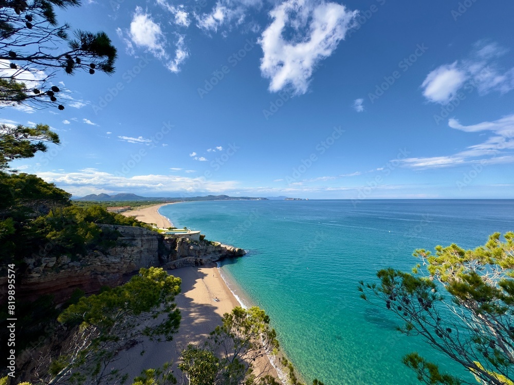 beautiful view from the famous Camí de Ronda hike trail along the coast of the Costa Brava, wonderful bay l'illa Roja and the long beaches between Pals and l’Estartit, Catalonia, Girona, Spain 