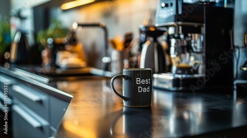 Best Dad coffee mug on office desk with a sleek laptop and smartphone. Father s Day or birthday gift