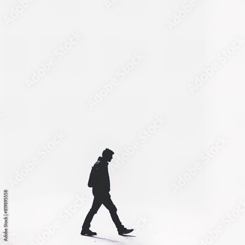 silhouette of a person walking  in the style of minimalist and monochromatic  empty white background