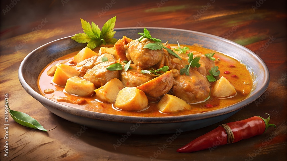 Massaman Curry with Chicken and Potatoes.It is an aromatic curry with a tangy, sweet and isn't as spicy. Massaman Curry with Chicken and Potatoes.It is an aromatic curry with a tangy, sweet and isn't as spicy.