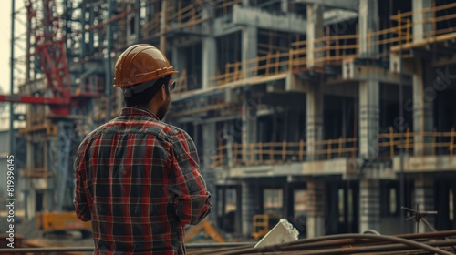 Construction worker wearing hardhat and plaid shirt looking at building under construction