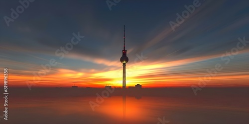 Iconic Berlin Landmark: Berlins Fernsehturm Tower Silhouetted Against Colorful Sunset. Concept Berlin Landmarks, Fernsehturm Tower, Sunset Silhouette, Colorful Sky, Urban Architecture