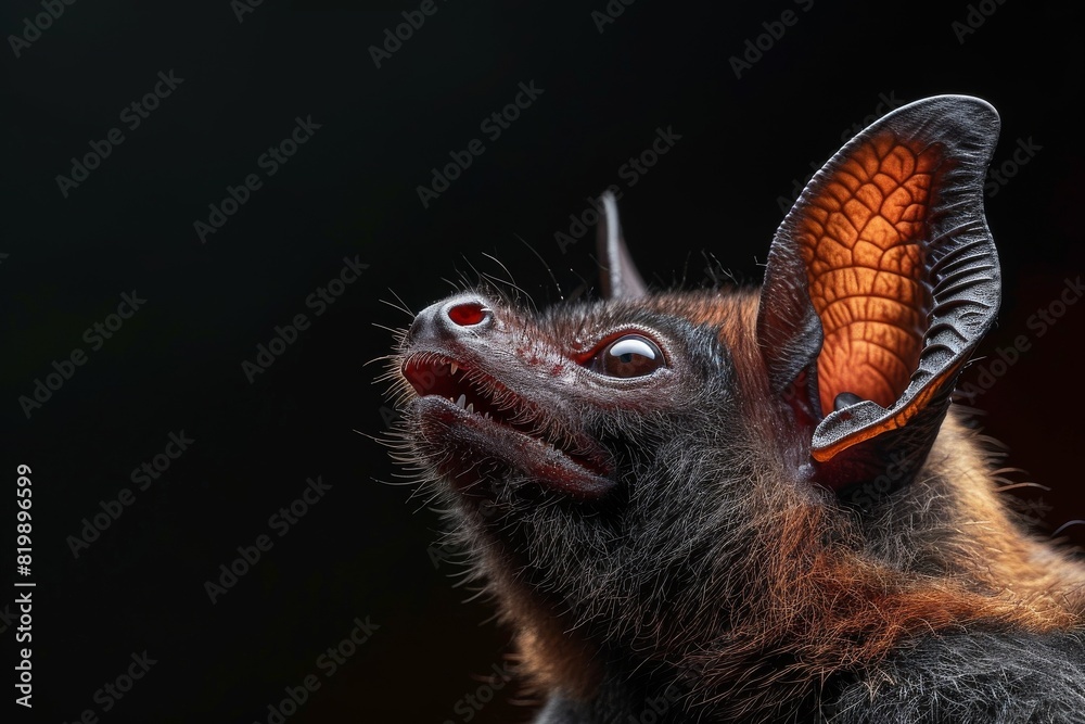 Mystic portrait of Natal Bats studio, copy space on right side, Anger, Menacing, Headshot, Close-up View Isolated on black background Mystic portrait of Natal Bats studio, copy space on right side, Anger, Menacing, Headshot, Close-up View Isolated on black background
