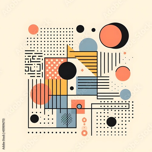 AI Generate of Background texture of Fashion Papers in Memphis Geometry Style. Yellow  blue  light blue  red and pastel pink colors. Top view  flat lay.