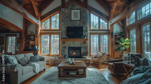 rustic living room featuring wooden beams, a stone fireplace, and comfortable seating, evoking a warm and inviting ambiance