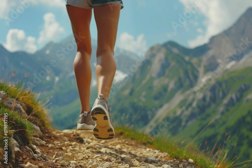 Woman walking up a mountain trail, suitable for outdoor activities promotion